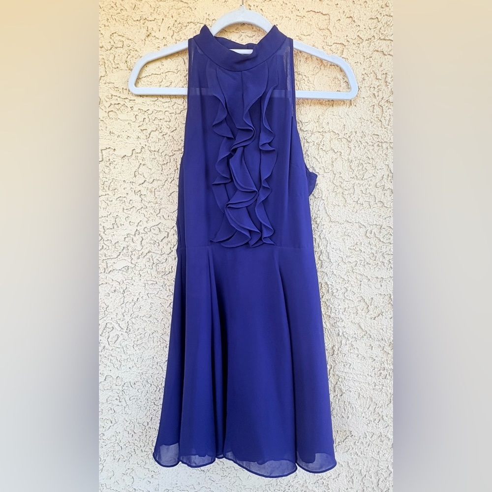 BCBG Women Size 4 Navy Blue Ruffled High Neck Open Back Short Flowing Dress